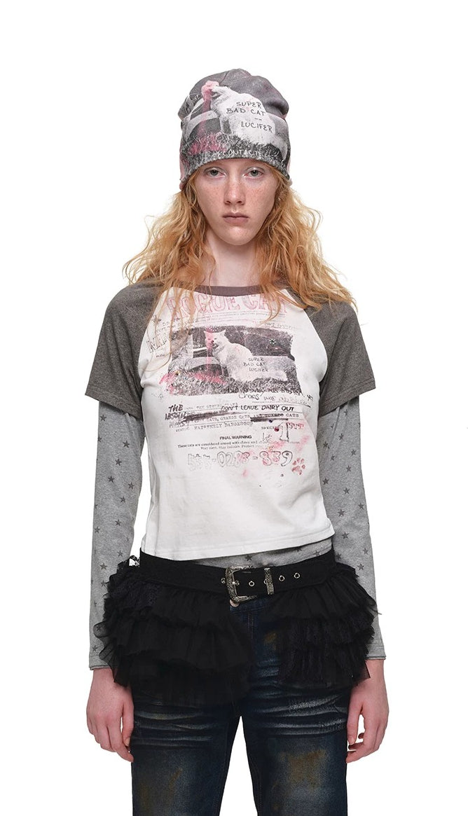 Cat Print Layered Raglan Top