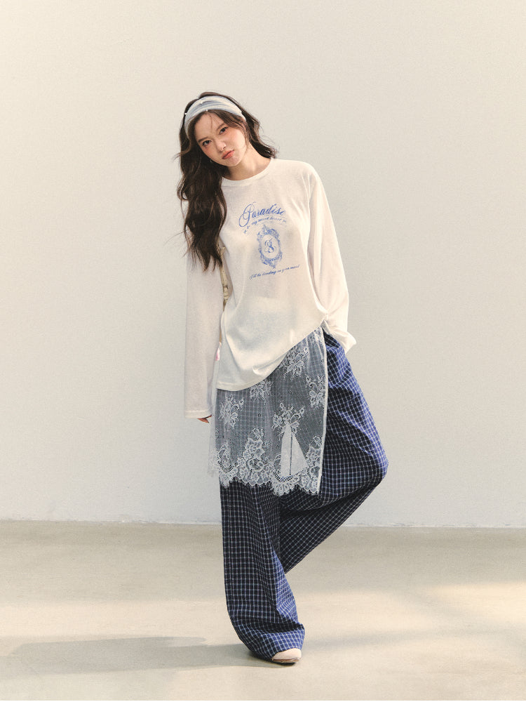 Plaid Color-block Waist Spliced Straight Pants
