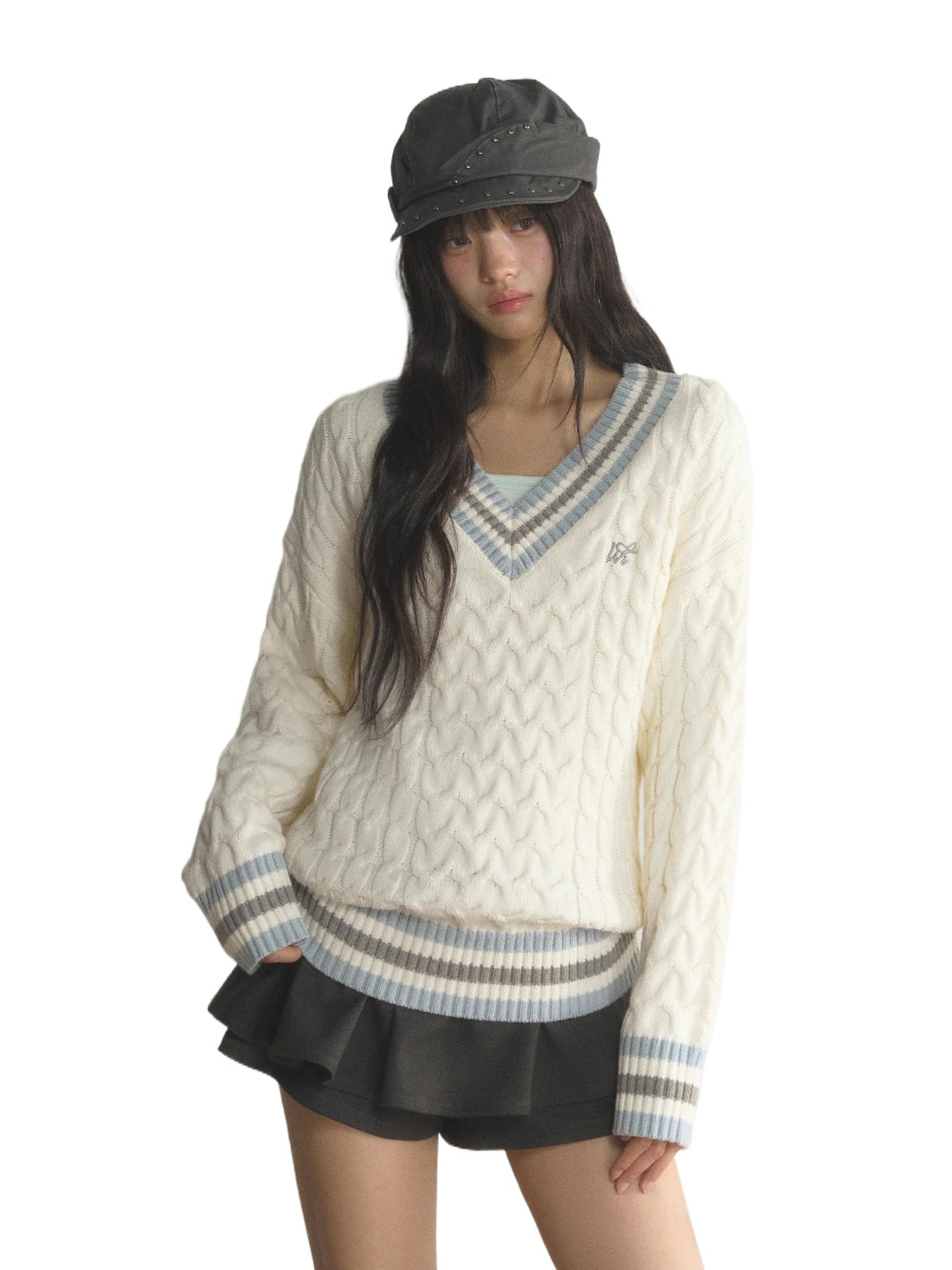 Preppy Contrast V-Neck Cable-Knit Sweater