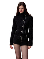 Sparkling Tweed High Neck Waist Cinching Jacket