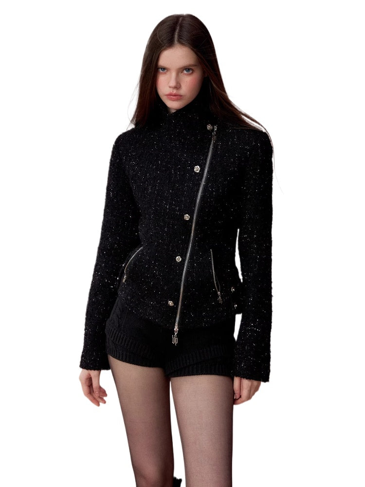 Sparkling Tweed High Neck Waist Cinching Jacket
