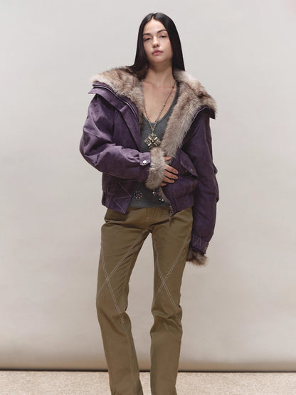 Faux-Suede Fur-Collar Quilted Parka