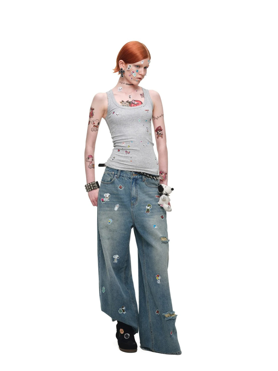 Sticker Print Wide Jeans