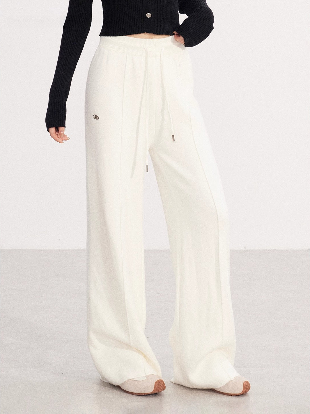 Fleece-lined Knit Elastic Waist Wide-leg Pants