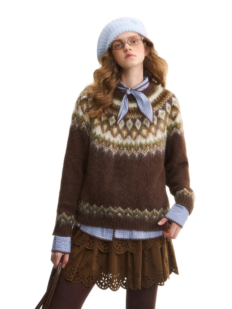 Fair Isle Jacquard Crewneck Knit Sweater