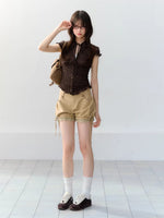 Blue & Brown Ruffle Tie Blouse