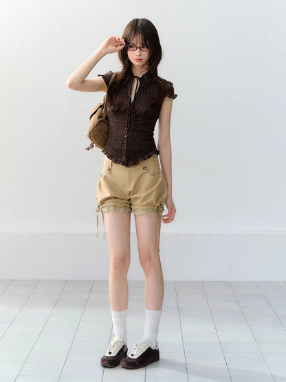 Blue &amp; Brown Ruffle Tie Blouse