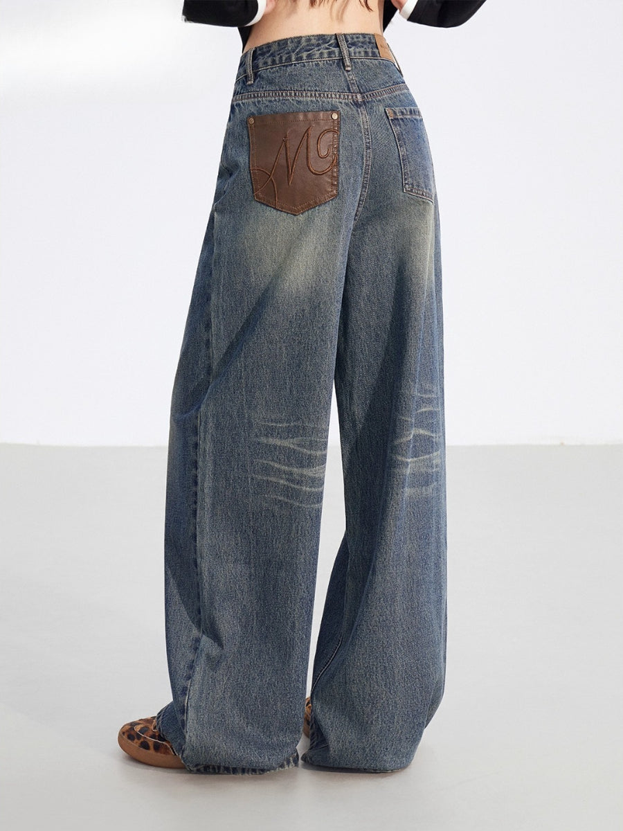 Leather-Patch Wide-Leg Denim Pants