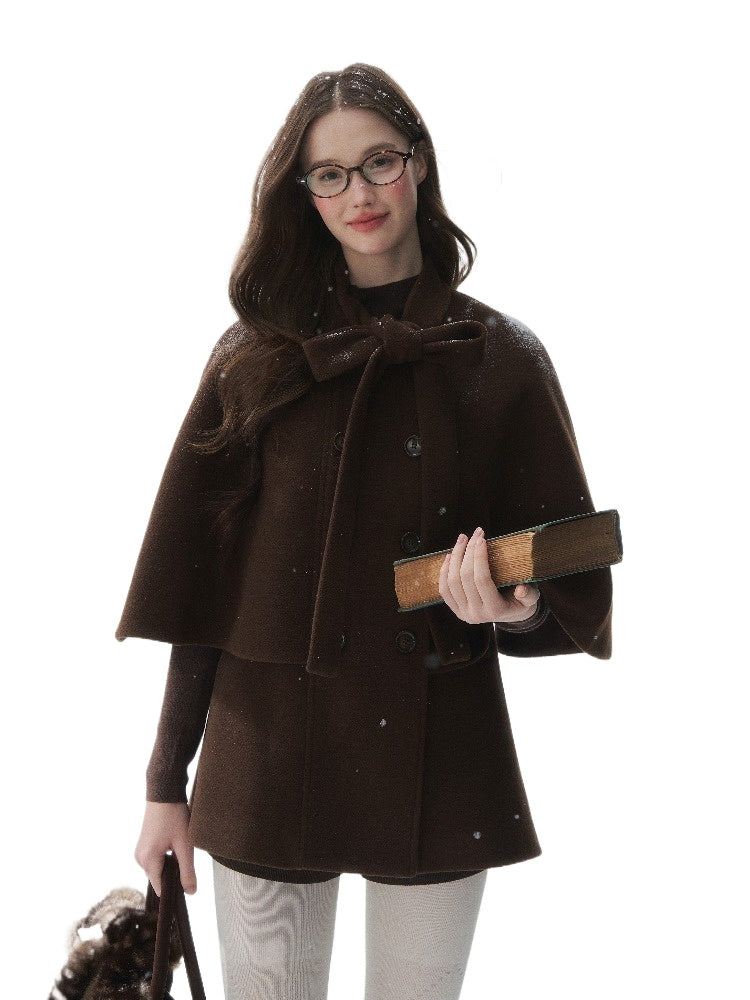 Brown Bow-Tie Double-Breasted Cape Coat