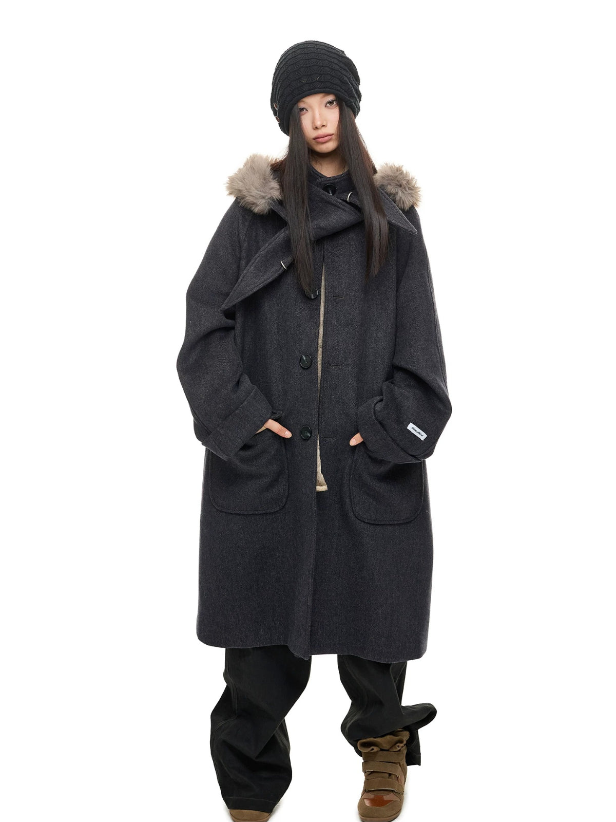 Hooded Wool Blend Long Coat