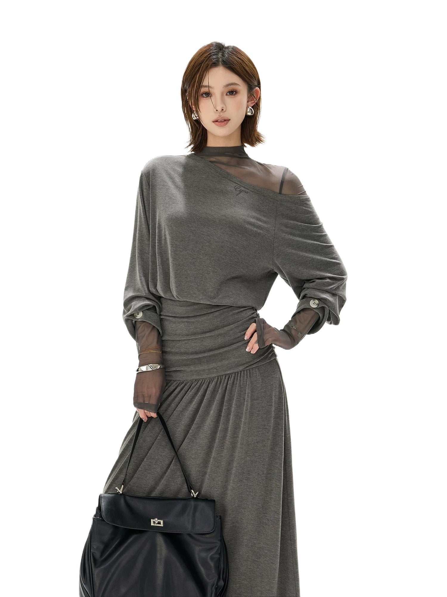 Gray Off Shoulder Knit Layered Dress