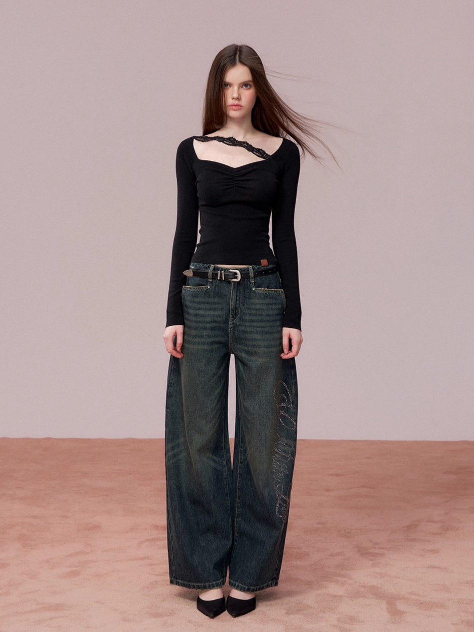 Ruched Lace Detail Knit Top