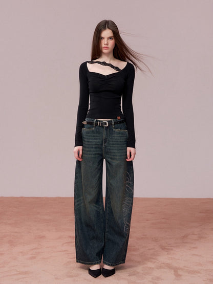 Ruched Lace Detail Knit Top