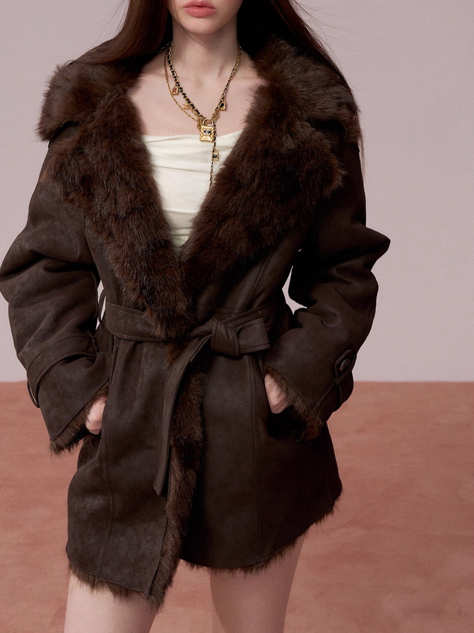 Faux Shearling-Lined PU Belted Coat