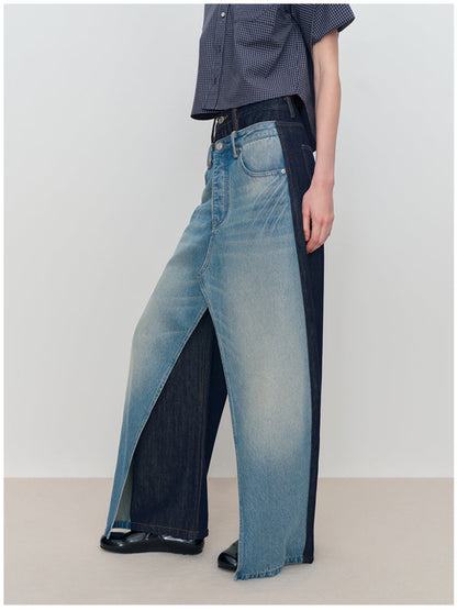 Spliced Fake Two-Piece Wide-Leg Jeans