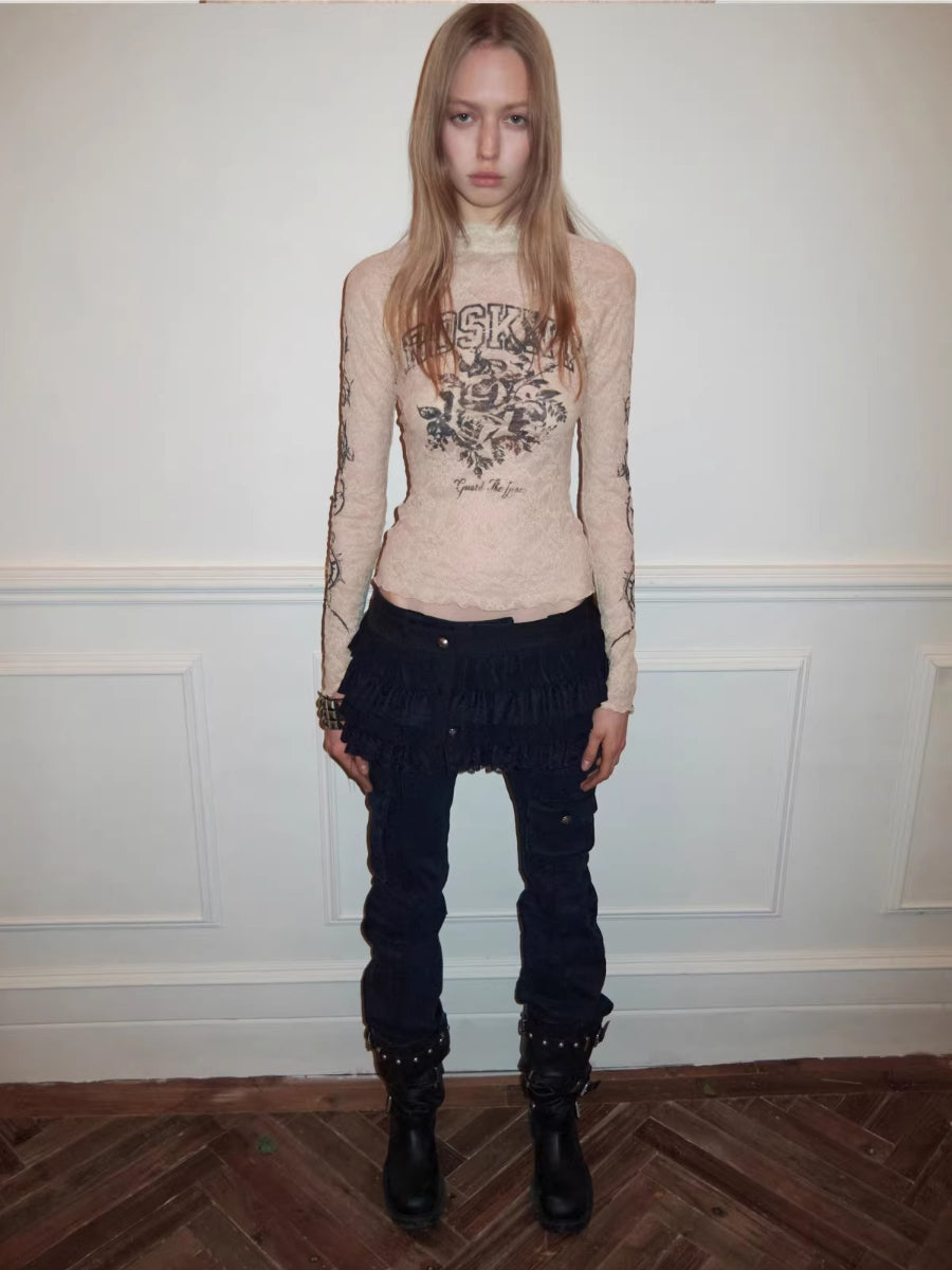 Rose Lace Print Mesh Top