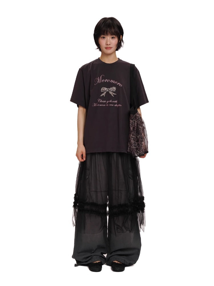 Leopard Print Butterfly Bow Embroidered T-shirt