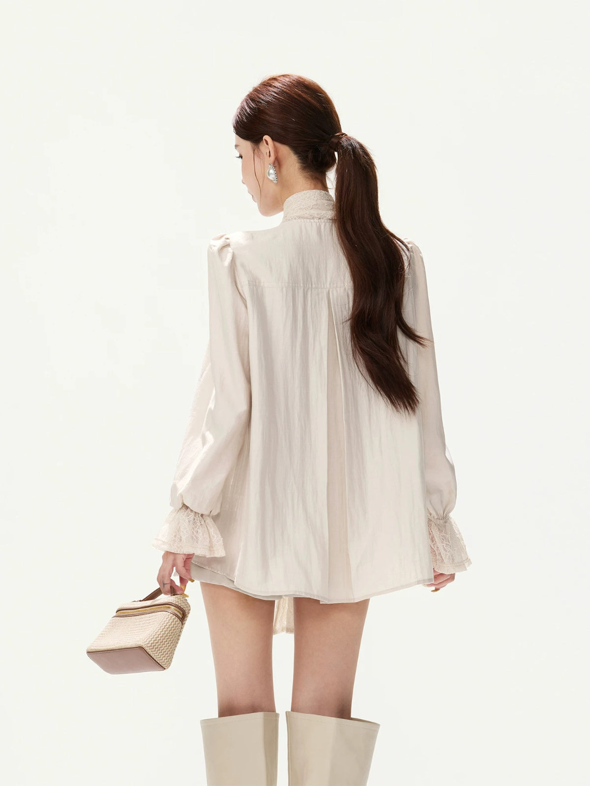 Lace Tie Pleated A-Line Blouse