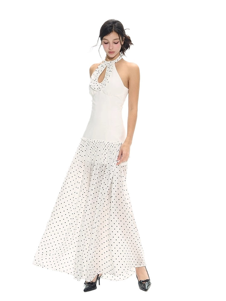 Polka Dot Print Cutout Halter Dress