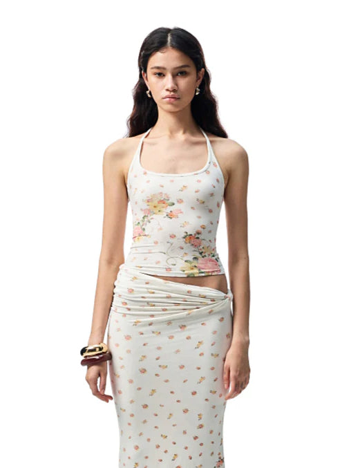 Floral All-Over Printed Big Round Neck Knotted Tank Top