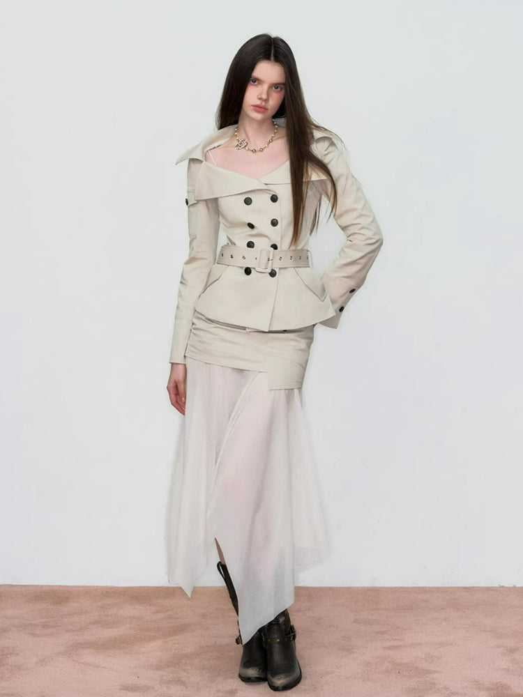 Off-Shoulder Belted Double-Breasted Blazer