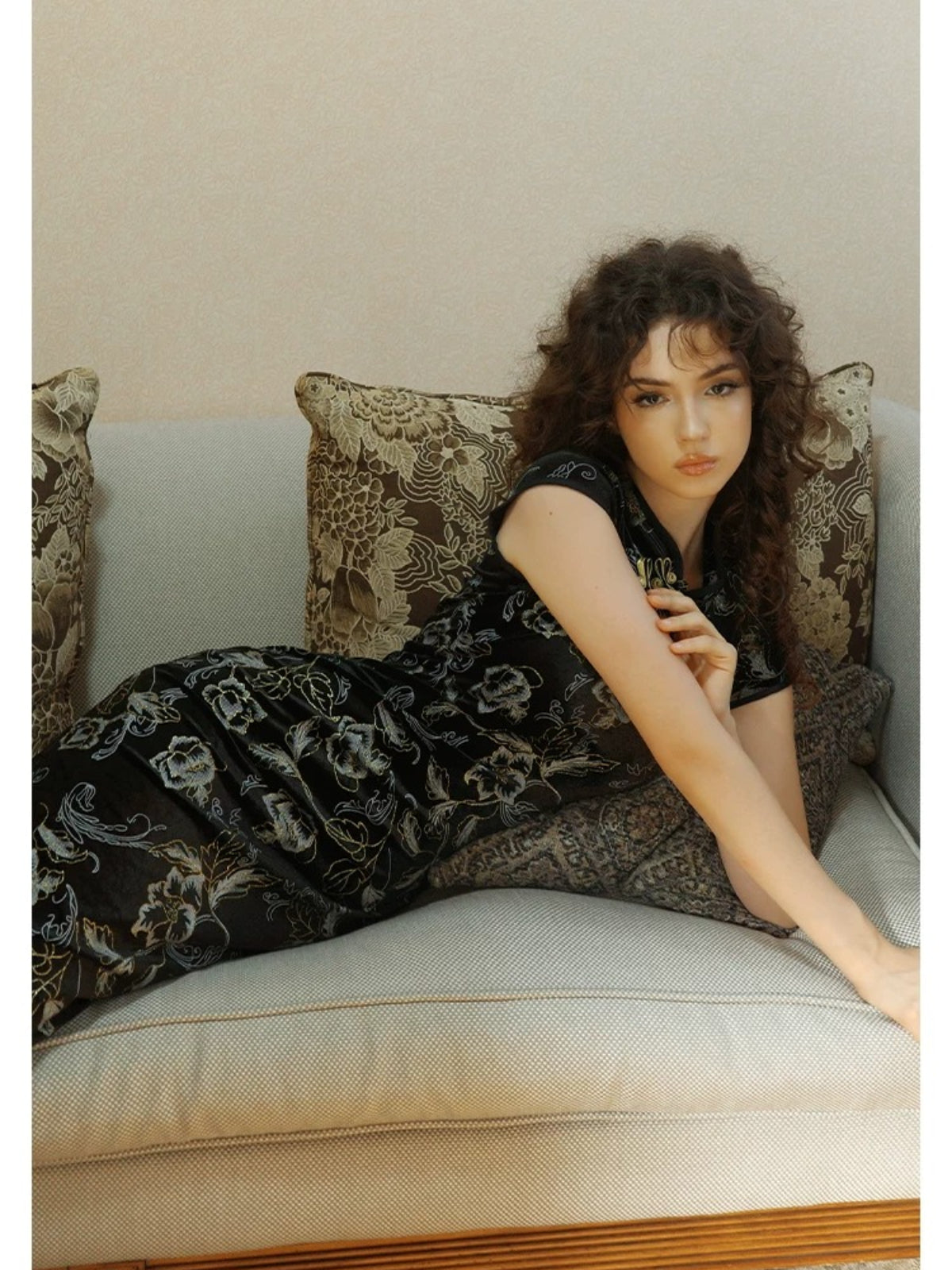 Black Velvet A-Line Qipao Dress