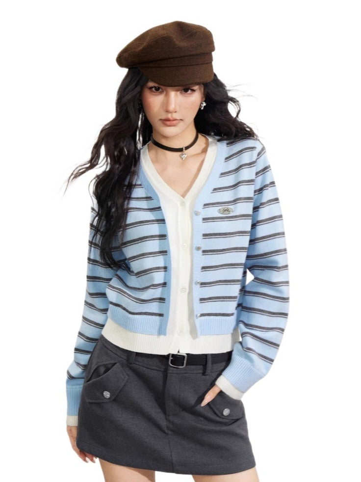 Blue Striped V-Neck Cardigan