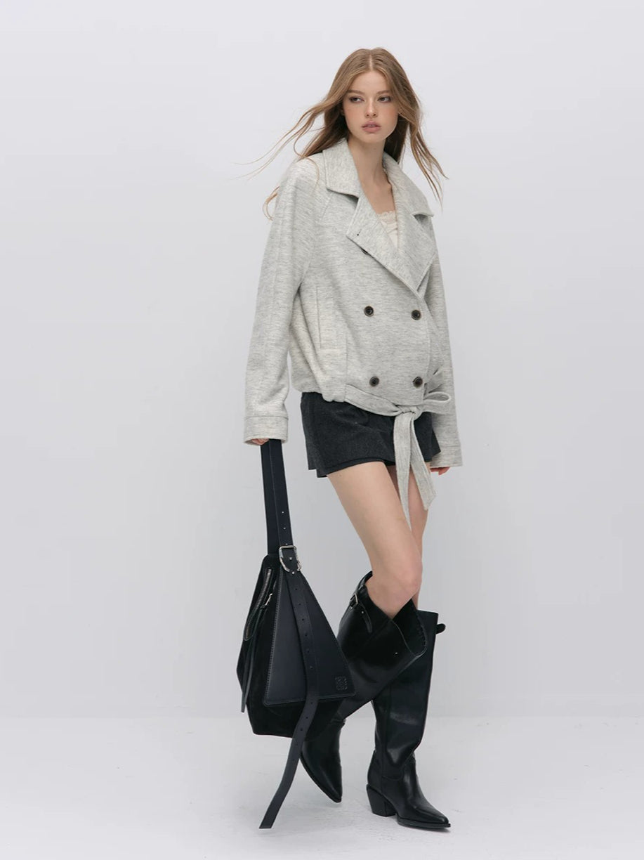 Cropped Wool-Blend Wrap Coat