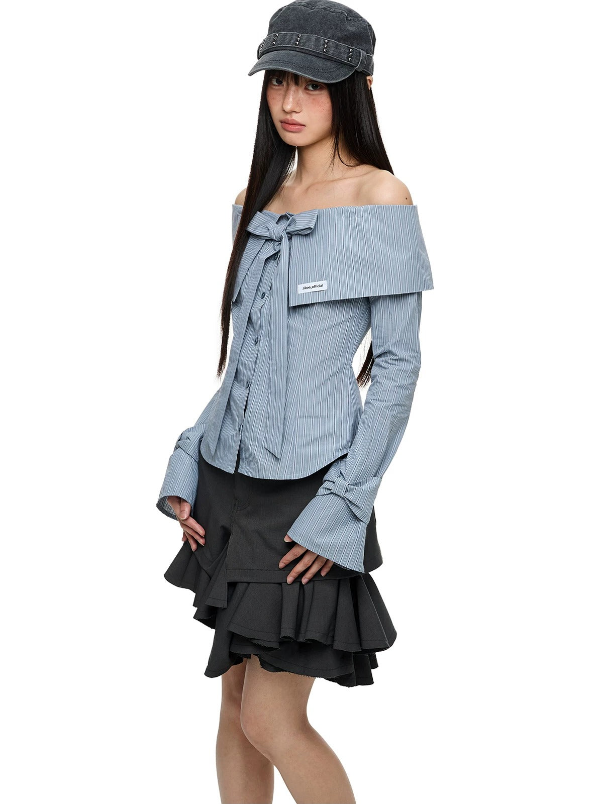 Off Shoulder Bow Tie Stripe Blouse