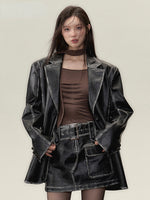 Vintage PU Leather Jacket & Skirt Two-Piece Set