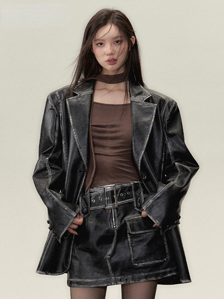 Vintage PU Leather Jacket &amp; Skirt Two-Piece Set