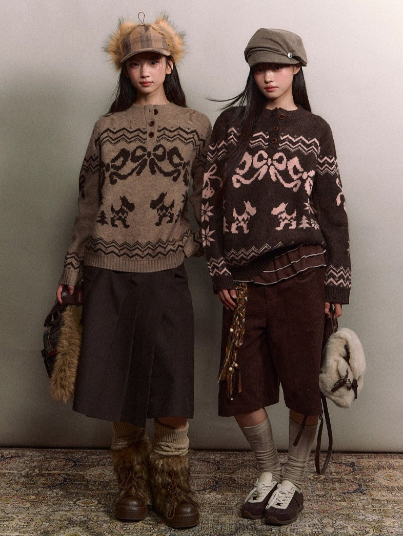 Fair Isle Bow Henry-Collar Sweater