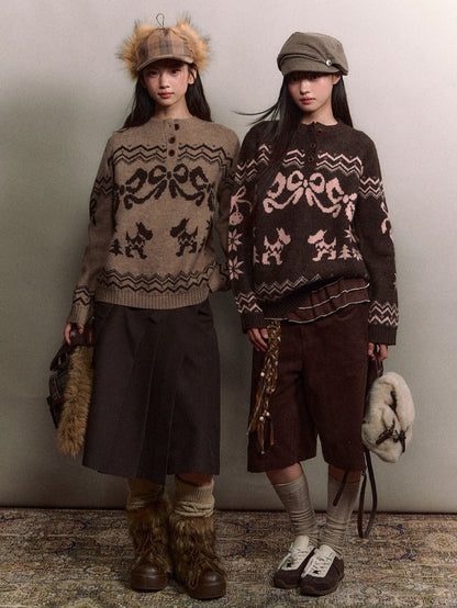 Fair Isle Bow Henry-Collar Sweater
