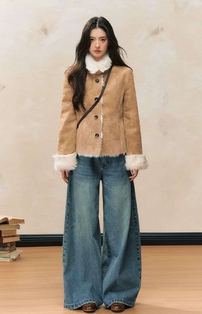 Khaki Shearling Fur Coat