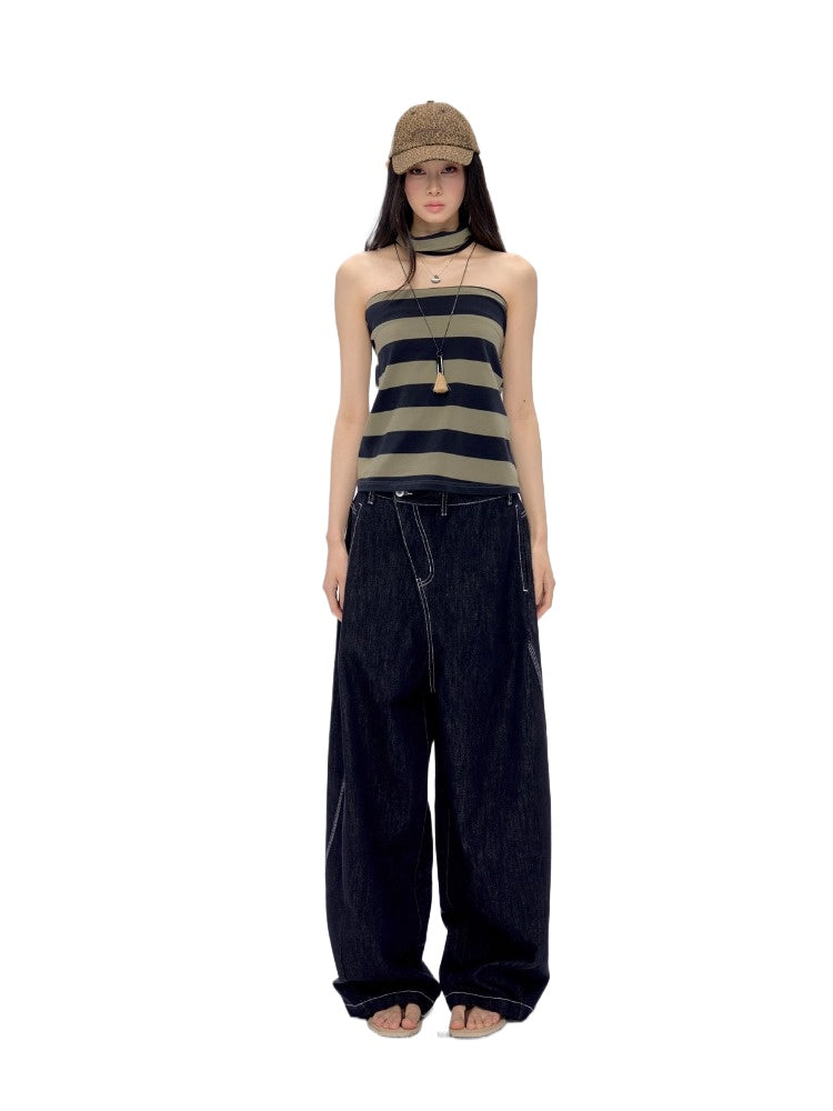 Dark Green Striped Halter Top