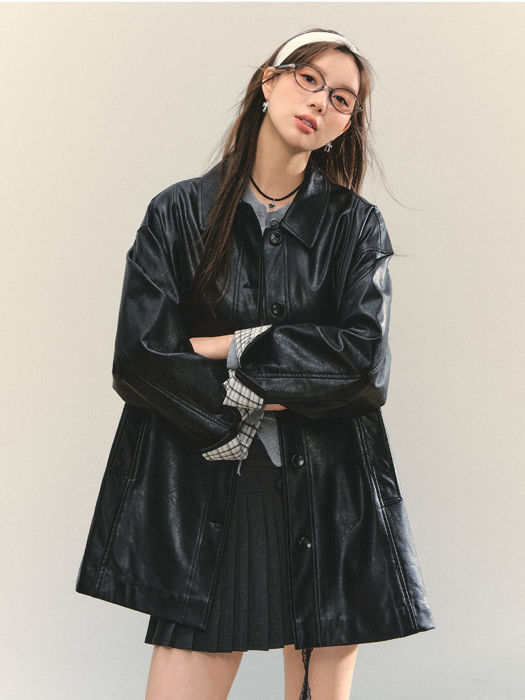 Black H-shaped Cuff Checkered Spliced Leather Jacket