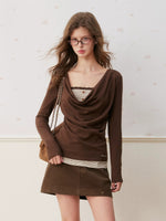 Lace Trim Layered Cowl Neck Top