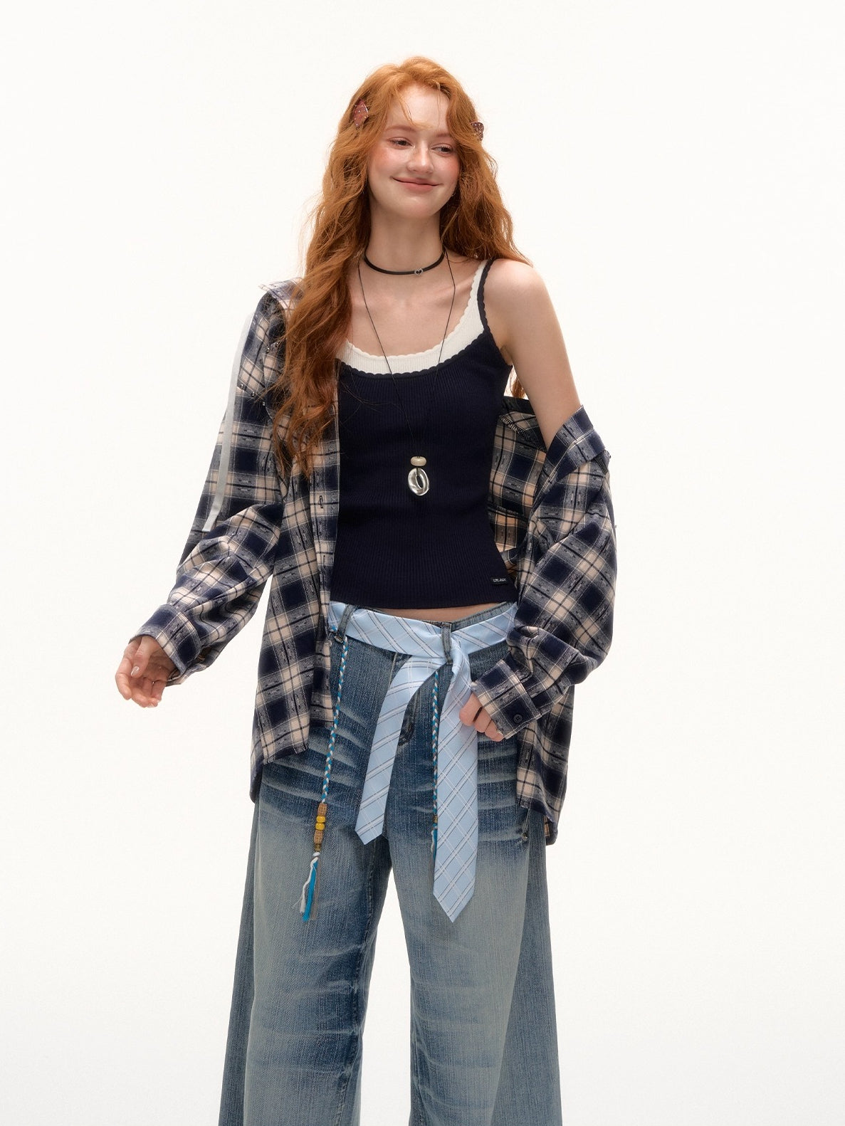 Vintage Plaid Studded Hooded Shirt