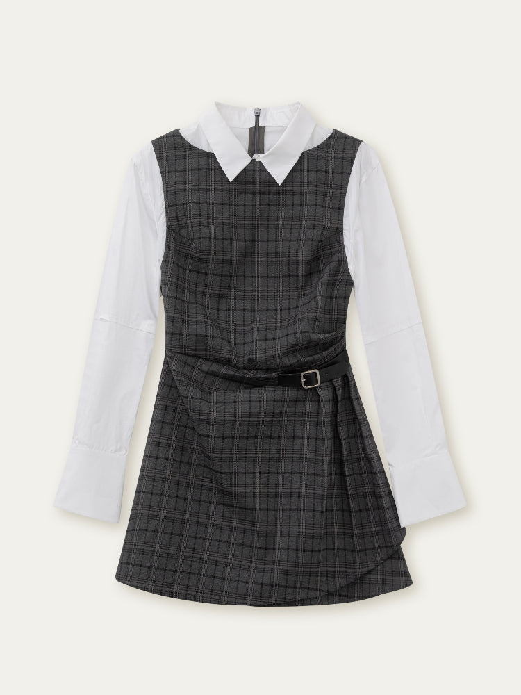 Fake Two-piece Checked Shirt Dress
