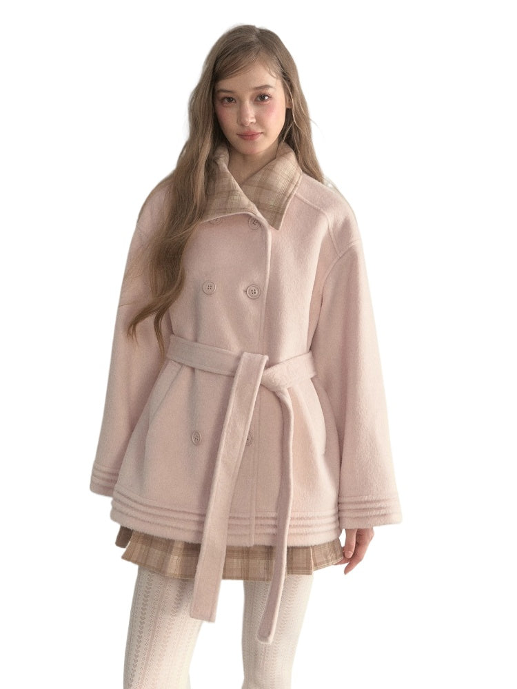 Plaid-Collar Double-Breasted Wool Coat