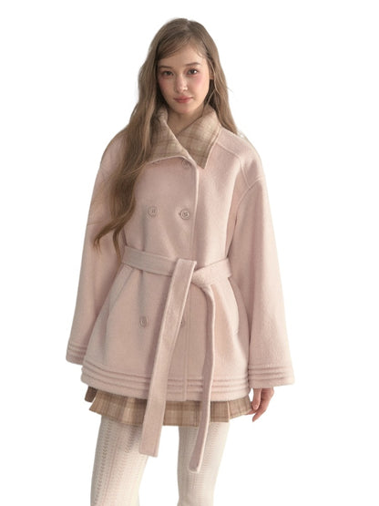 Plaid-Collar Double-Breasted Wool Coat