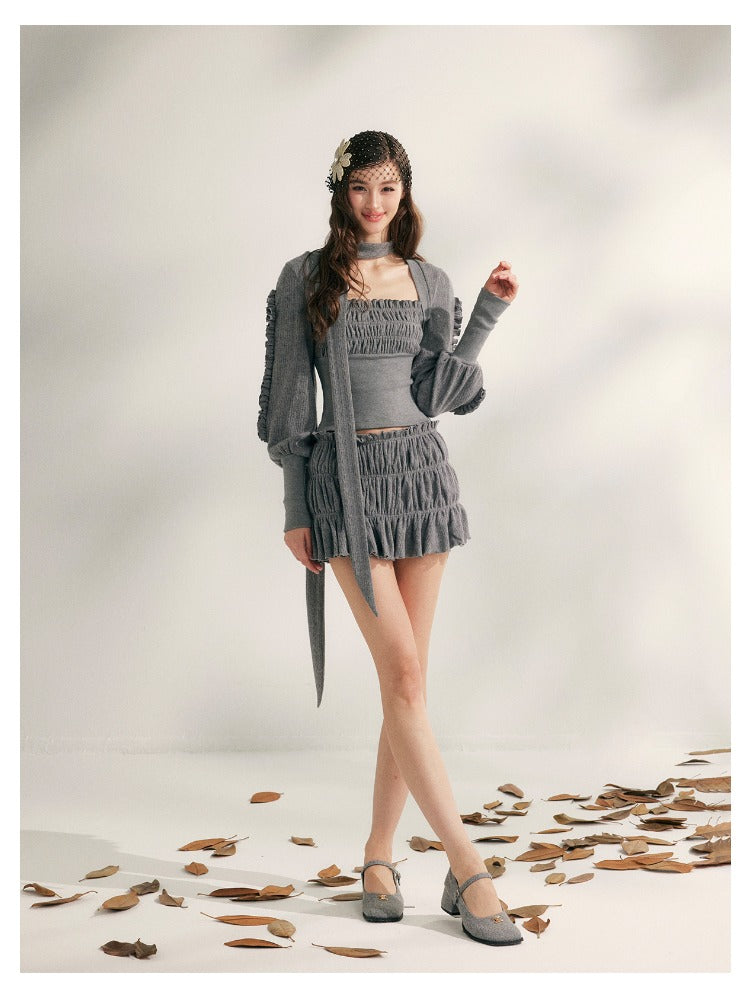 Pleated Ruffle Knit Top &amp; Skirt Set