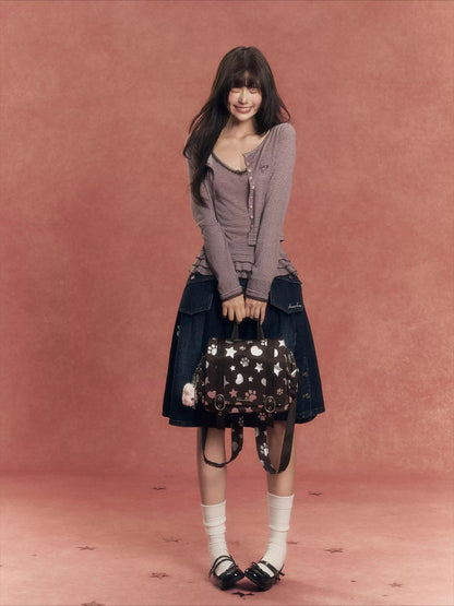 Lyocell Stripe Cardigan &amp; Lace-Trim Cami Set