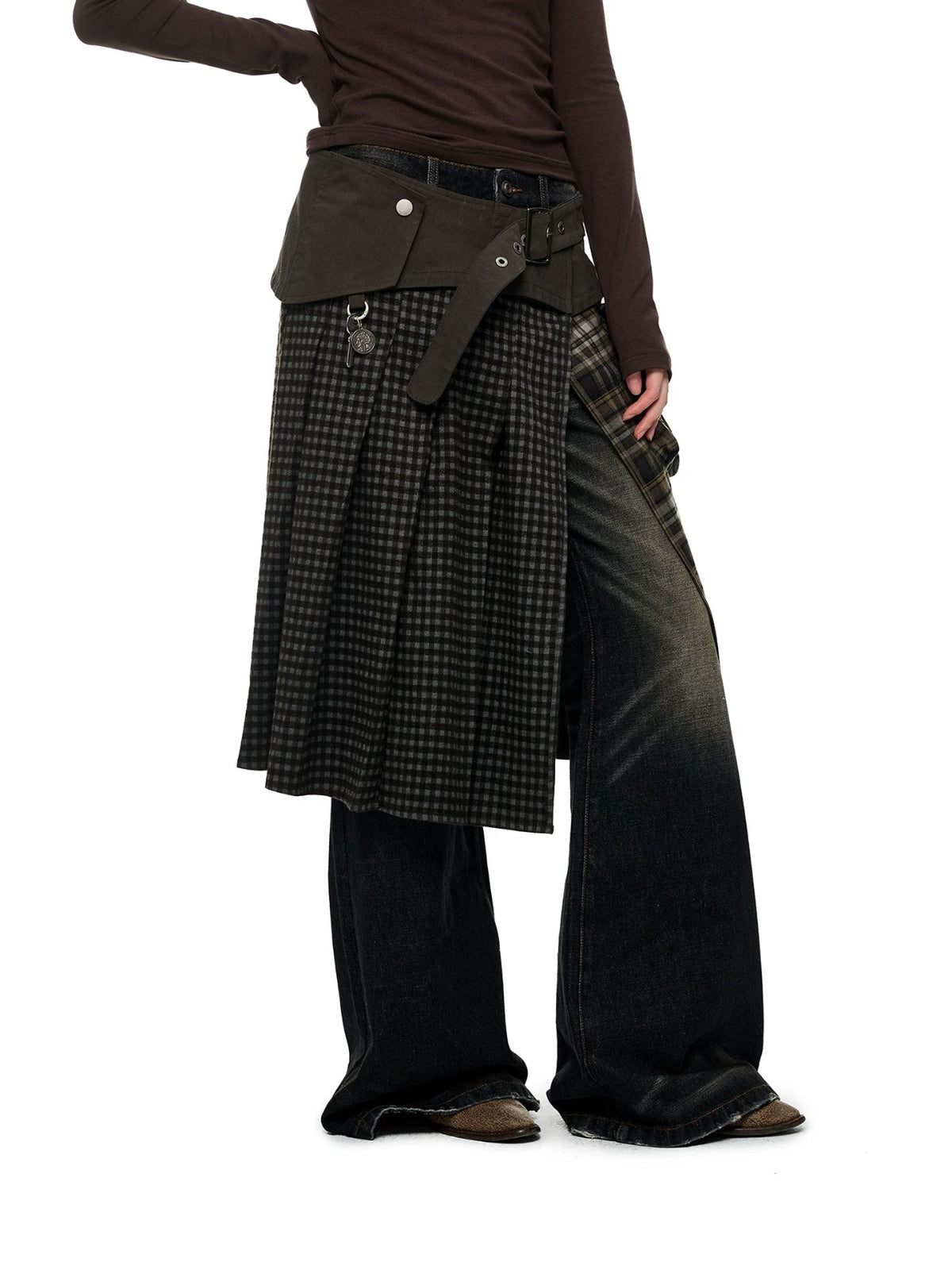 Plaid Panel Utility Midi Skirt
