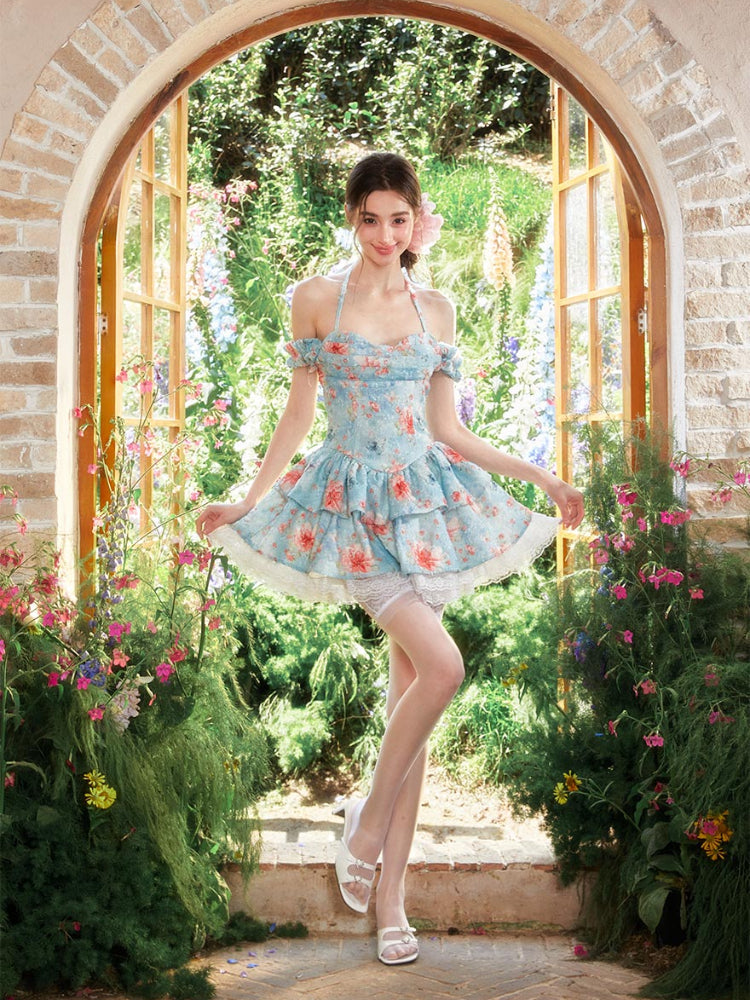 Floral Lace Halter Puff Short Dress