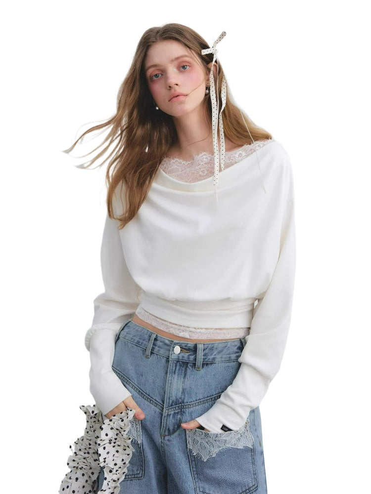 Draped Neck Cinched Waist Lace Patchwork Top