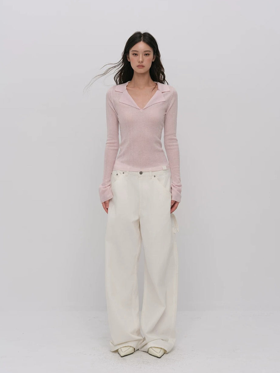 Ribbed Wool Polo Top