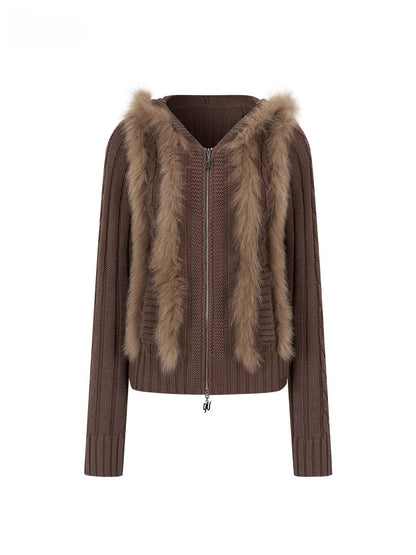 Fox Trim Hooded Knit Cardigan