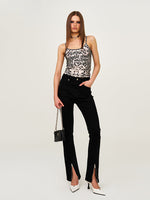 Rivet Biker Zipper Elastic Split Flare Jeans