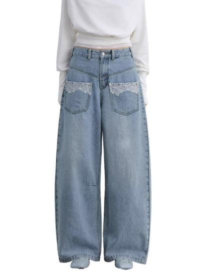 Lace Pocket Washed Curved Denim Jeans